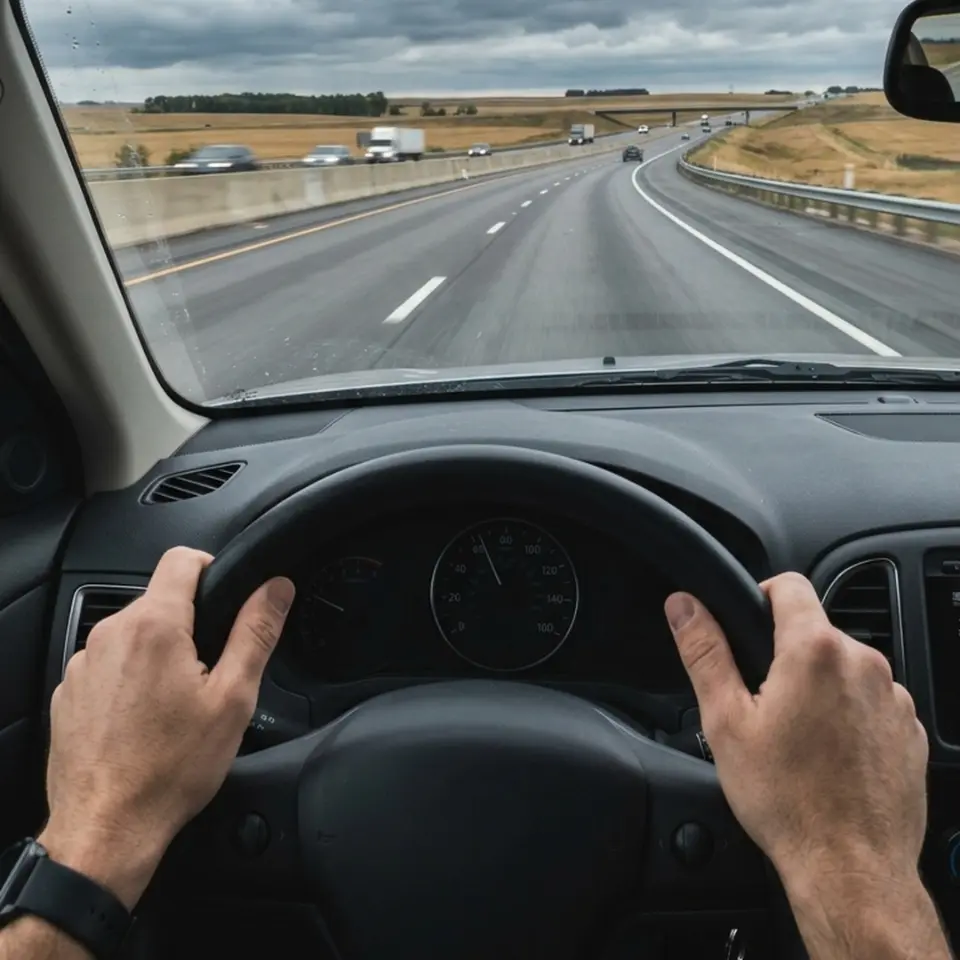 Driver's view through the windshield of a highway under an overcast sky, both hands on the steering wheel
