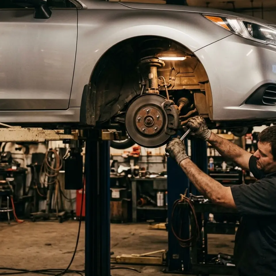 Silver sedan on a shop lift with the front wheel off, hub, brake rotor and strut visible while a mechanic works on it