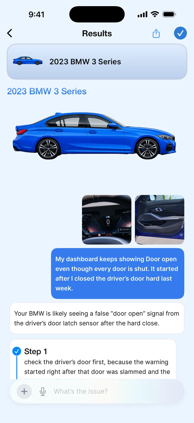 Car Whisperer result screen: a 2023 BMW 3 Series with two photos of the dashboard, the likely cause and the first repair step