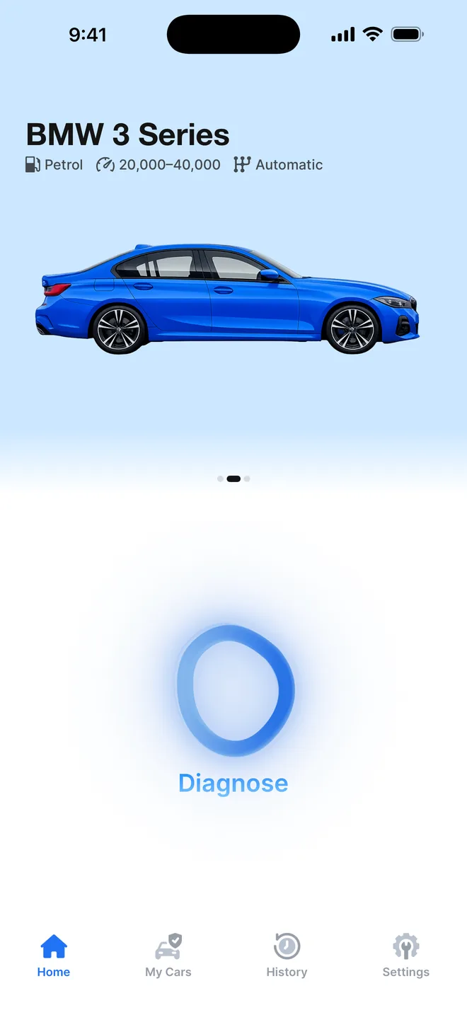 Home screen with a saved BMW 3 Series and the Diagnose button