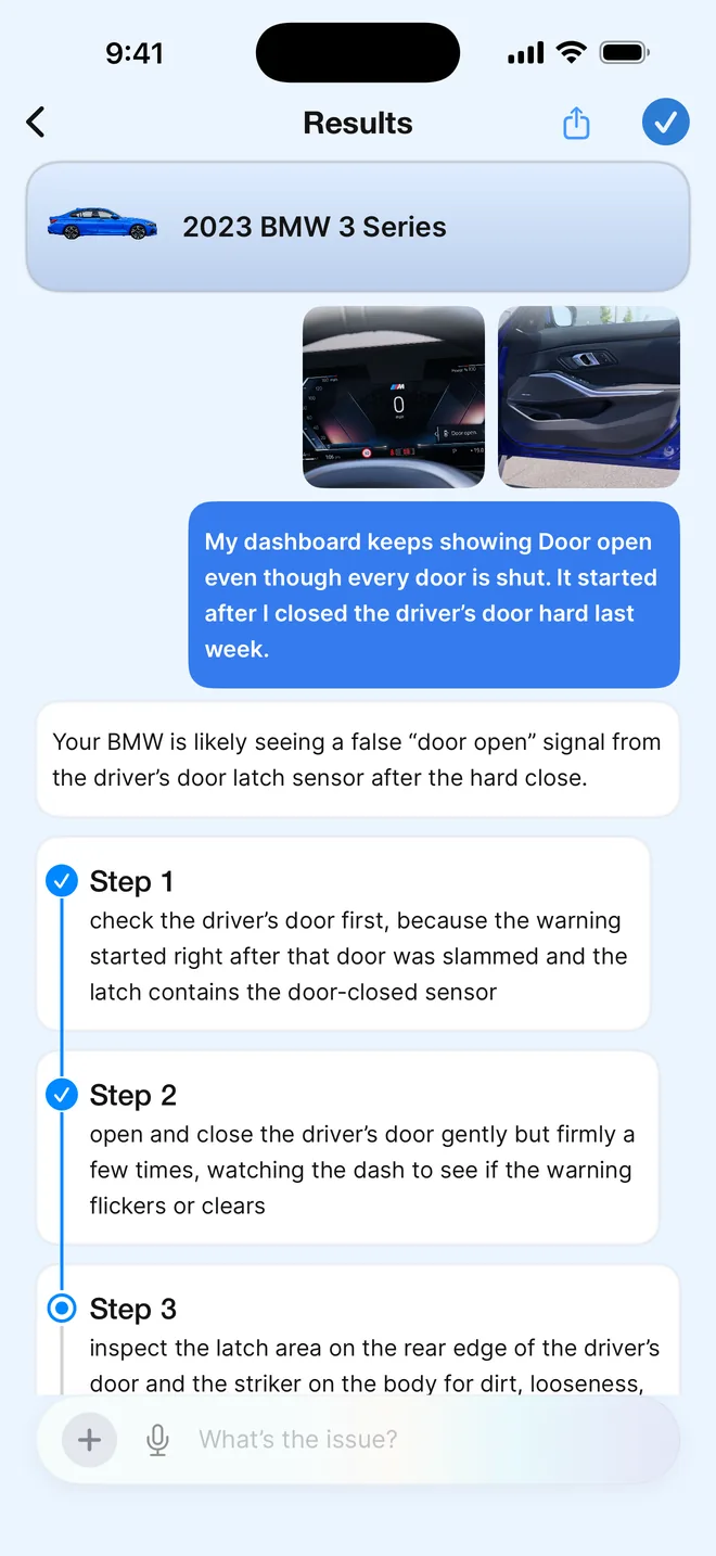 Result with the likely cause and three repair steps, the first two ticked off