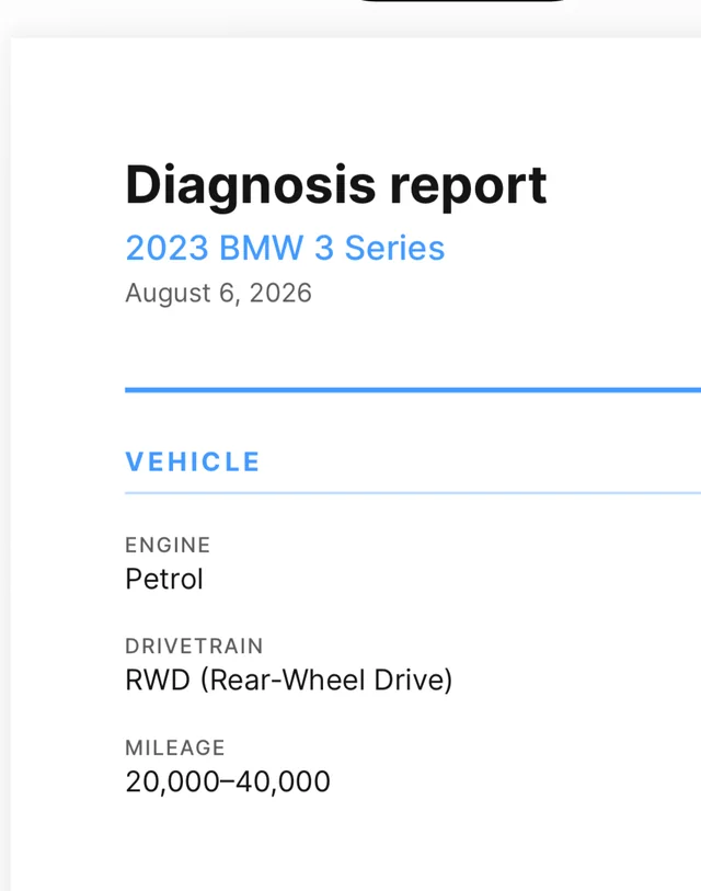First page of a diagnosis report for a 2023 BMW 3 Series with the vehicle details